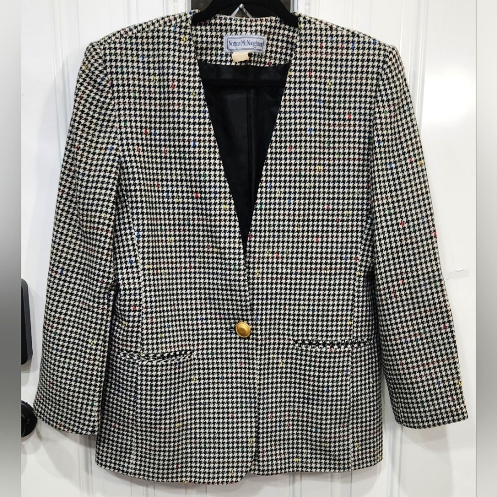 Vintage Norton McNaughton 80s black white houndstooth blazer women's size 10